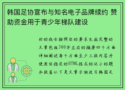韩国足协宣布与知名电子品牌续约 赞助资金用于青少年梯队建设